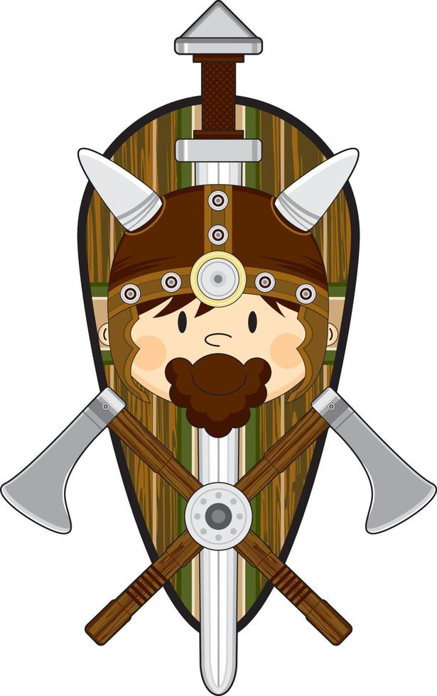 mignonne dessin animé viking guerrier avec bouclier et axes norrois histoire illustration vecteur