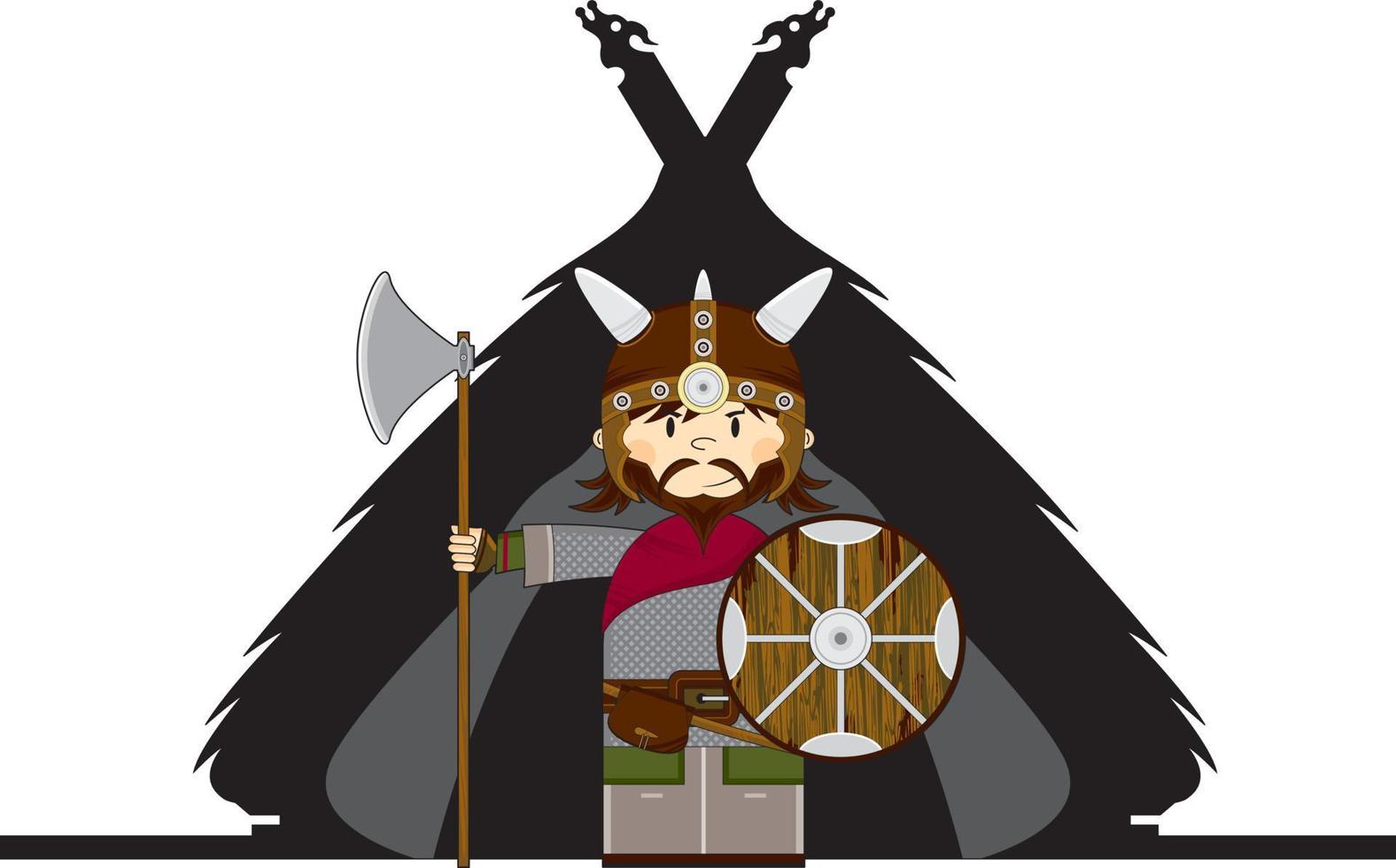 mignonne dessin animé viking guerrier et propriété norrois histoire illustration vecteur