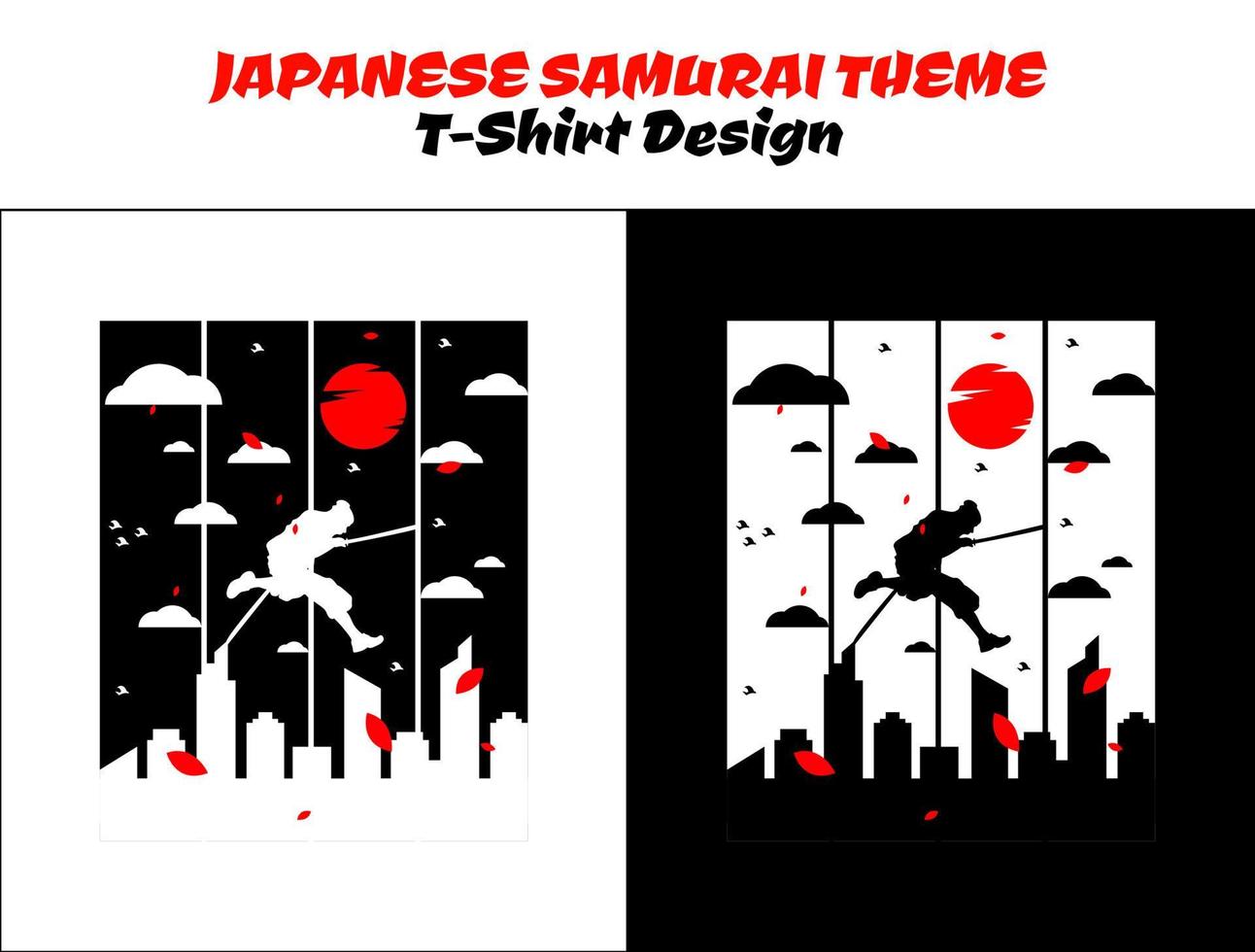 Urbain samouraï courir et sauter dans ville. silhouette Japon samouraï vecteur pour conception T-shirt concept. samouraï avec rouge lune. samouraï vecteur illustration. vêtement de rue thème T-shirt.