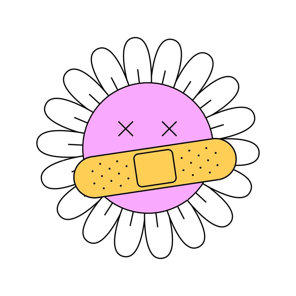 hippie camomille smiley personnage bien vibrations. froussard rétro Marguerite mascotte. sensationnel fleur tête avec patché fou affronter. psychédélique positif ancien dessin animé style plante. branché a2a pop culture floral. eps vecteur