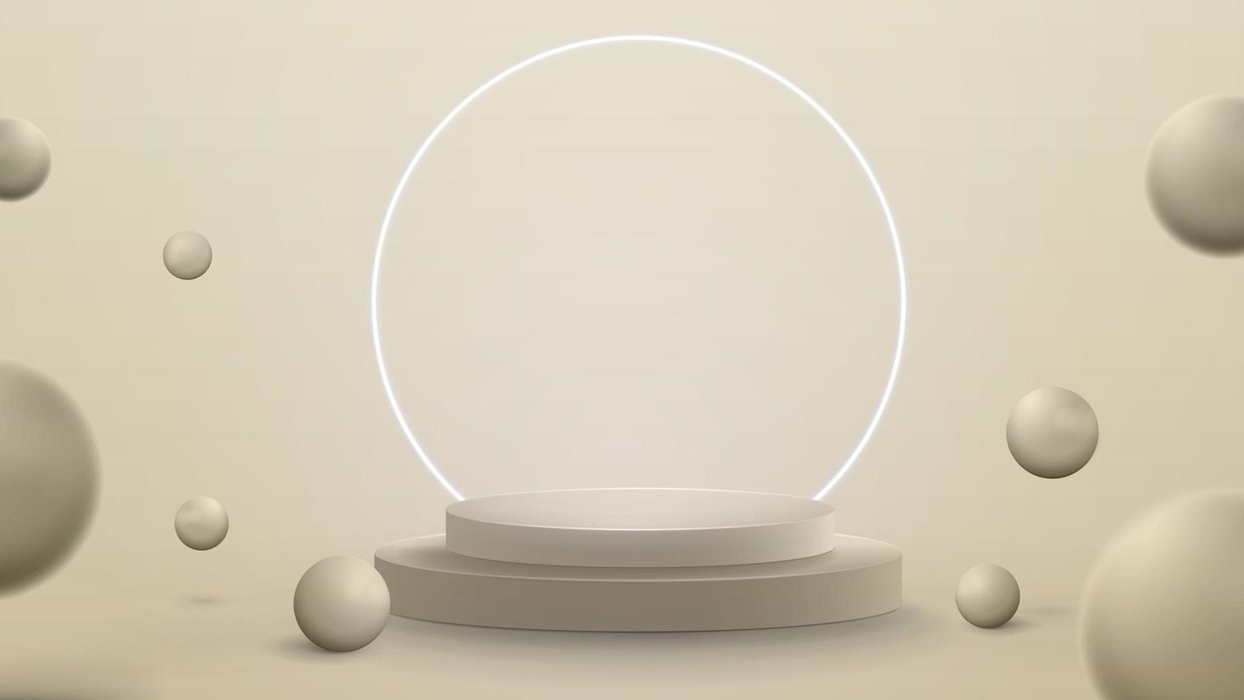 Illustration de rendu 3D avec scène abstraite avec anneau blanc néon autour du podium. salle abstraite avec des sphères 3d vecteur