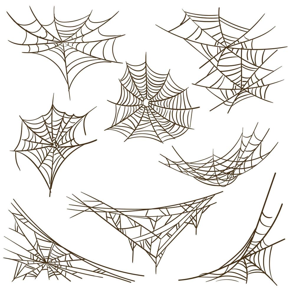 une ensemble de toiles d'araignées. terrible gothique silhouettes dans le forme de une araignée la toile pour Halloween décoration, une terrifiant réseau. vecteur isolé collection. effrayant pendaison piège pour une de fête Cadre sur blanc