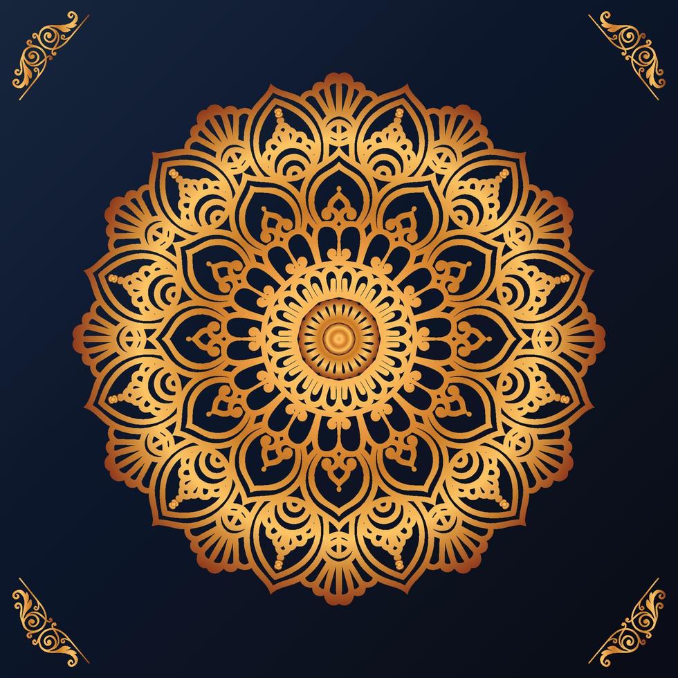 luxe mandala conception avec d'or ornements sur noir Contexte Titre pour islamique conception vecteur