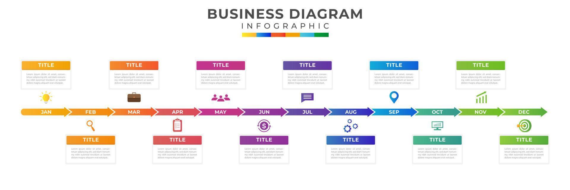 12 mois chronologie diagramme calendrier avec moderne Icônes, présentation vecteur infographie. infographie modèle pour entreprise.