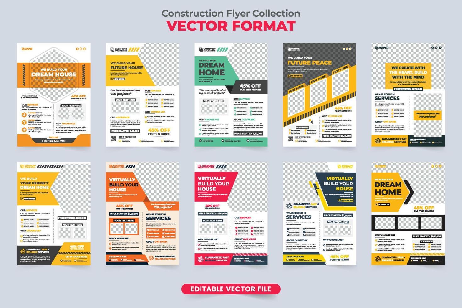 construction affaires prospectus modèle collection avec Jaune et rouge couleurs. réel biens affaires promotionnel prospectus ensemble vecteur avec photo espaces réservés. Accueil réparation et bricoleur un service affiche empaqueter.