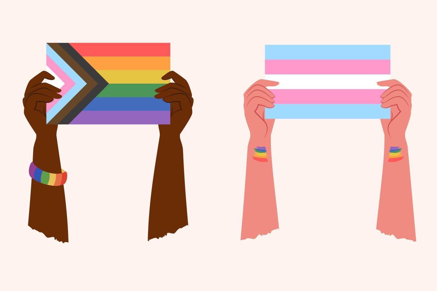 gens de différent peau en portant LGBTG drapeau dans mains. lgbt communauté. genre, diversité, unité concept. vecteur plat illustration pour affiche, carte, bannière, autocollant