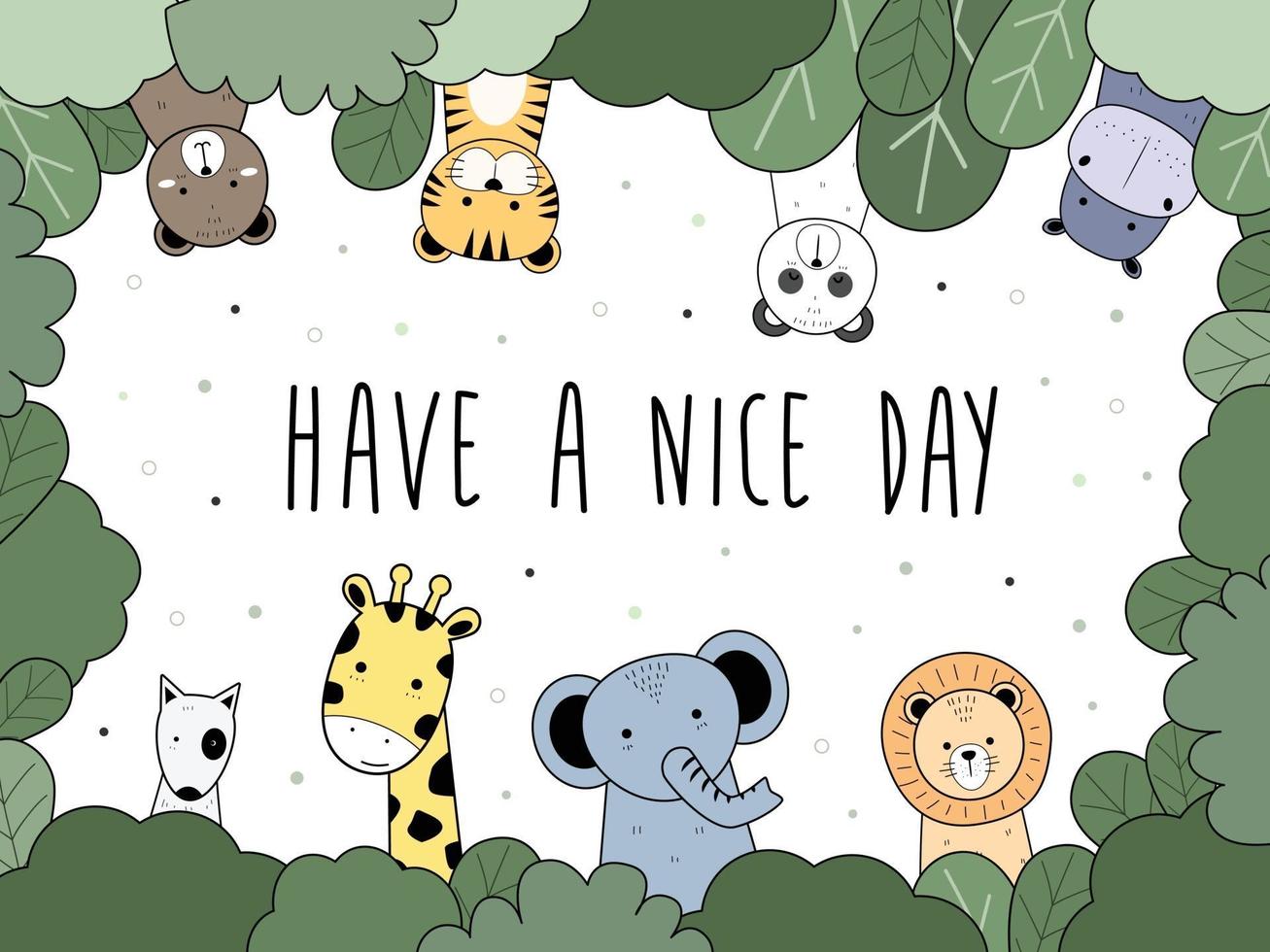 animaux mignons ours tigre panda hippopotame chien girafe éléphant et lion salutation dessin animé doodle vecteur