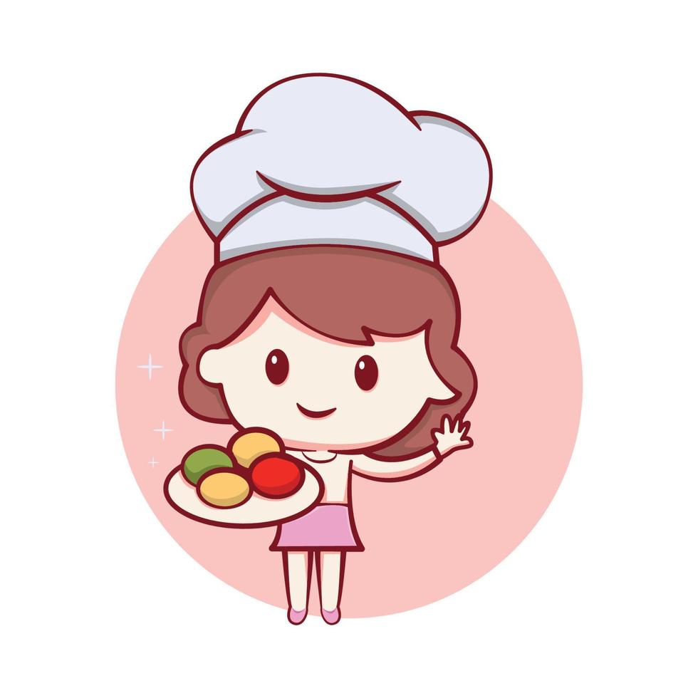 chef logo avec le concept de une femme dans une du chef chapeau en portant une gâteau vecteur