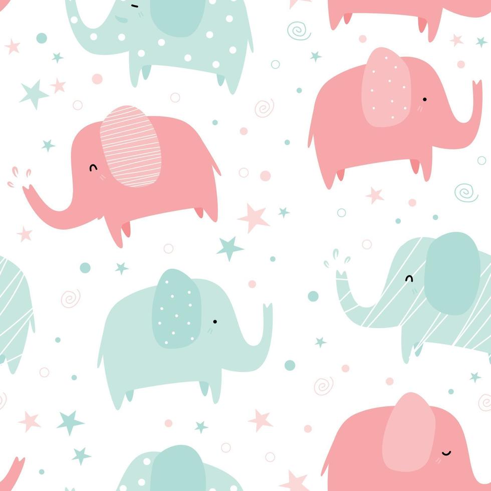 Modèle sans couture de dessin animé mignon éléphant pastel vert et rose vecteur