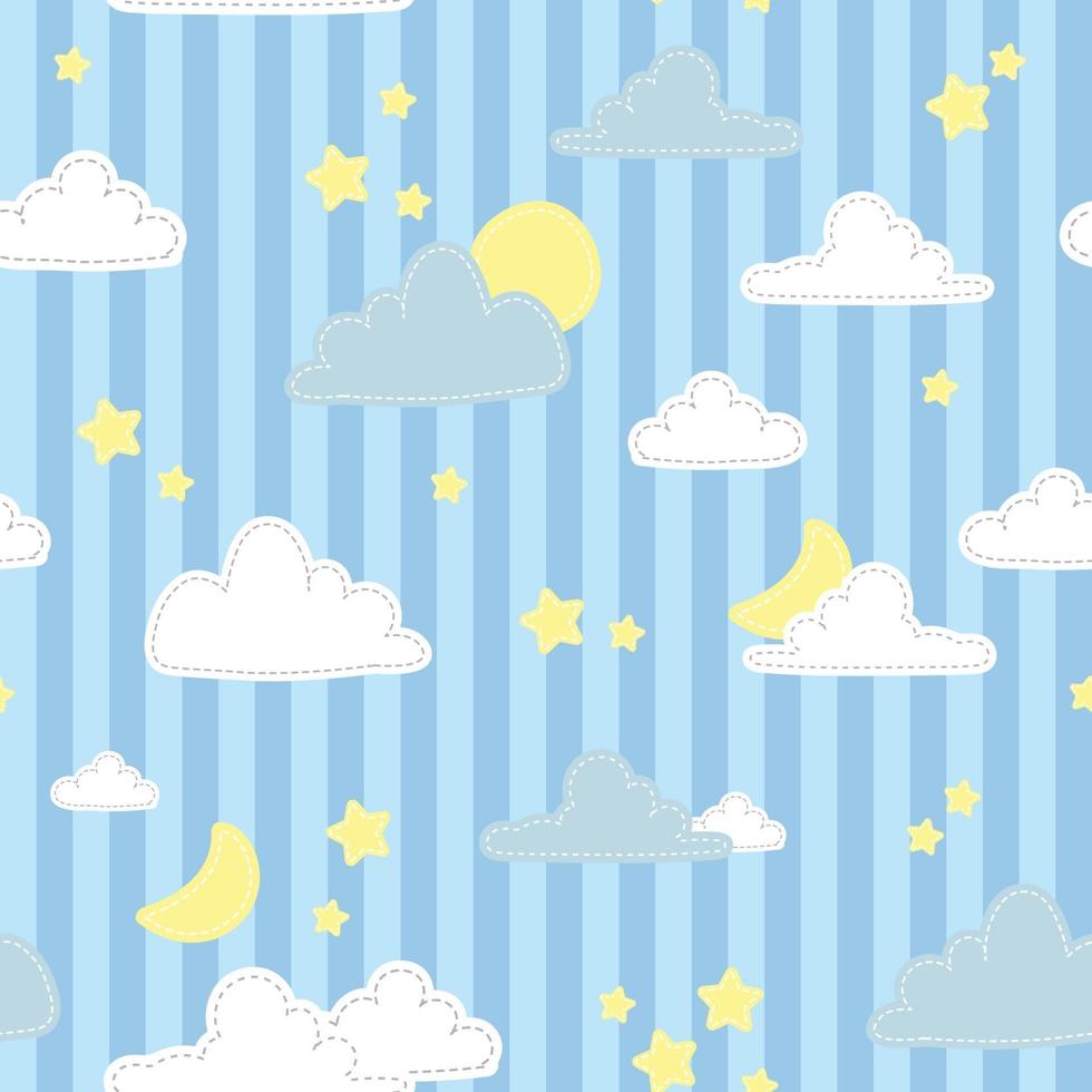étoile de nuage mignon et lune sur fond rayé bleu dessin animé doodle modèle sans couture vecteur