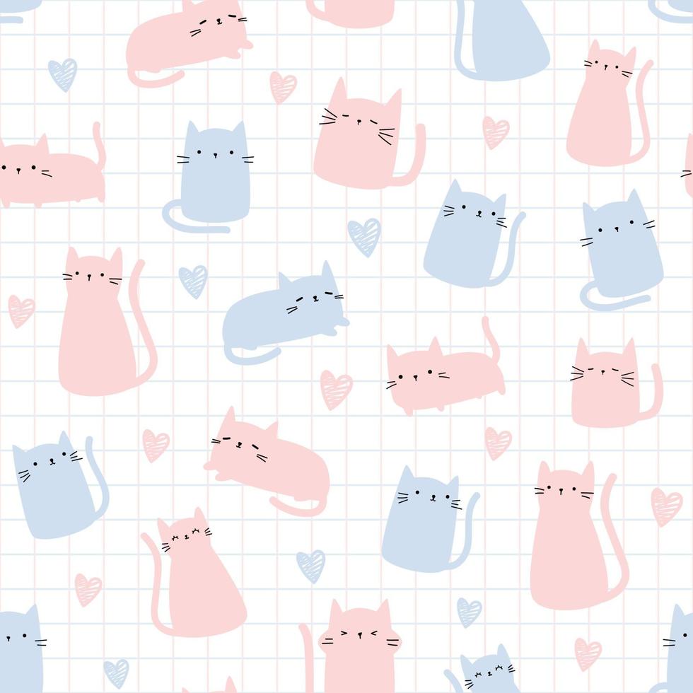 Modèle sans couture de dessin animé mignon chaton chat rose et bleu clair vecteur