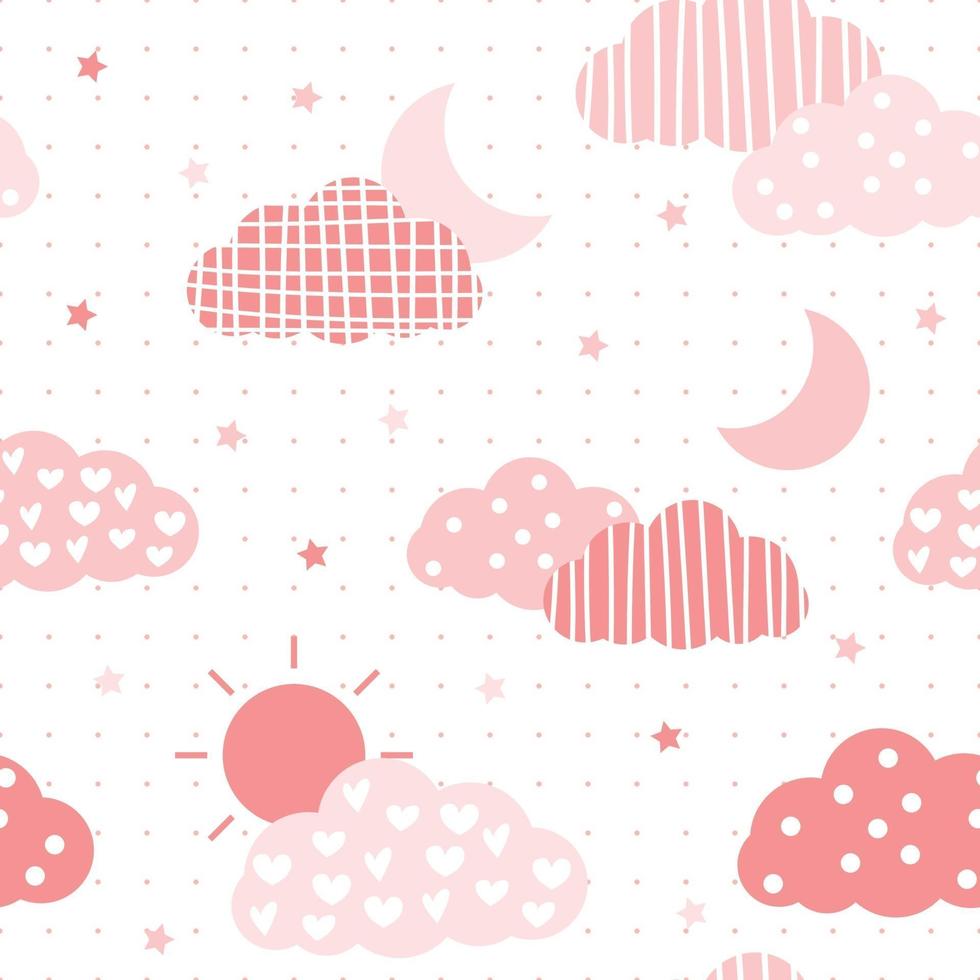 Modèle sans couture de dessin animé mignon nuage pastel rose lune et soleil vecteur