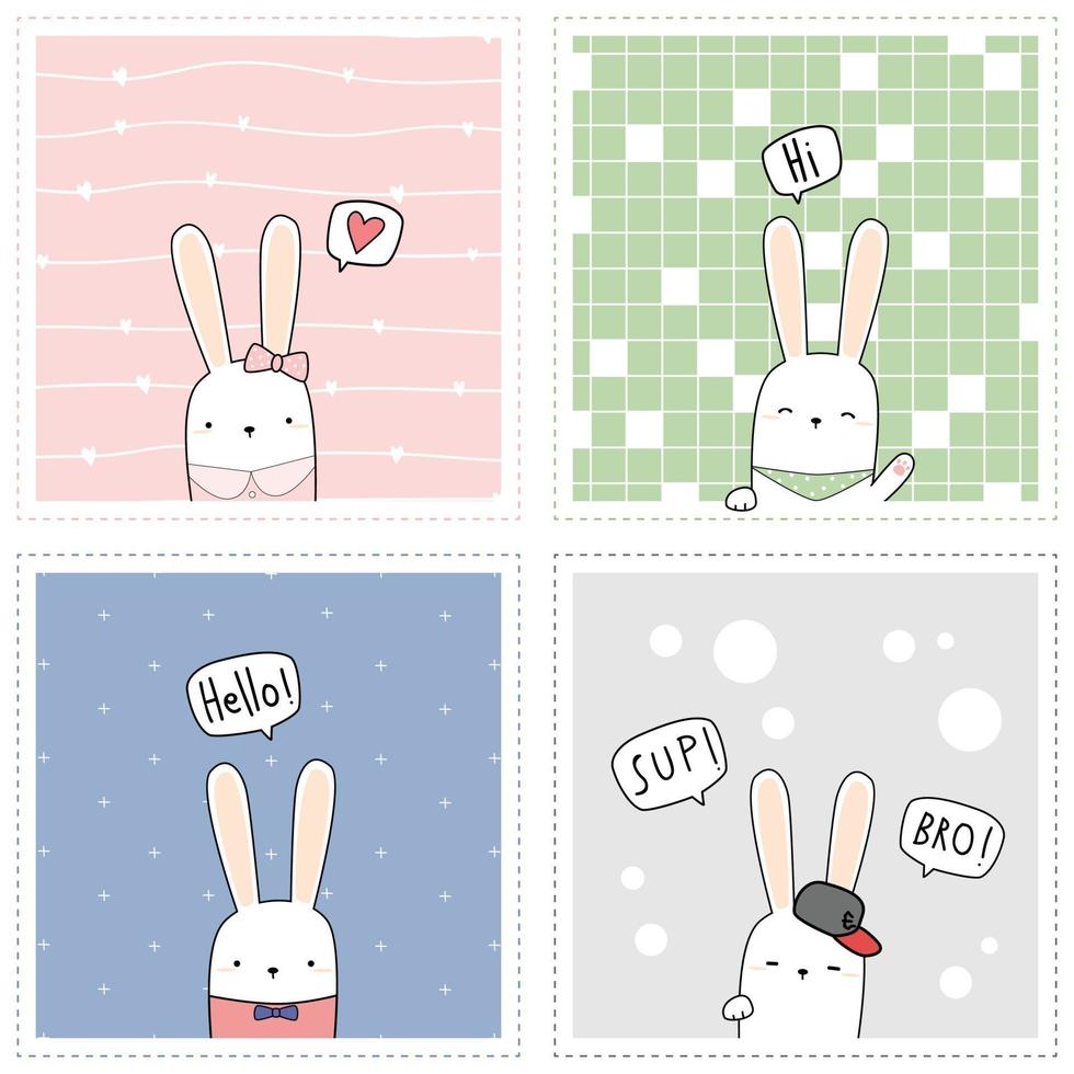 collection de cartes de doodle de dessin animé mignon lapin lapin salutation vecteur