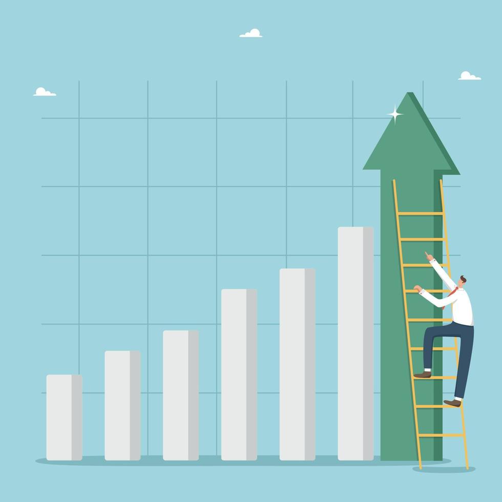 financier et économique croissance, croissance dans Ventes et bénéfices dû à augmenté consommateur demande, le rapide rythme développement de affaires et production, une homme grimpe le échelle à le Haut de le graphique. vecteur