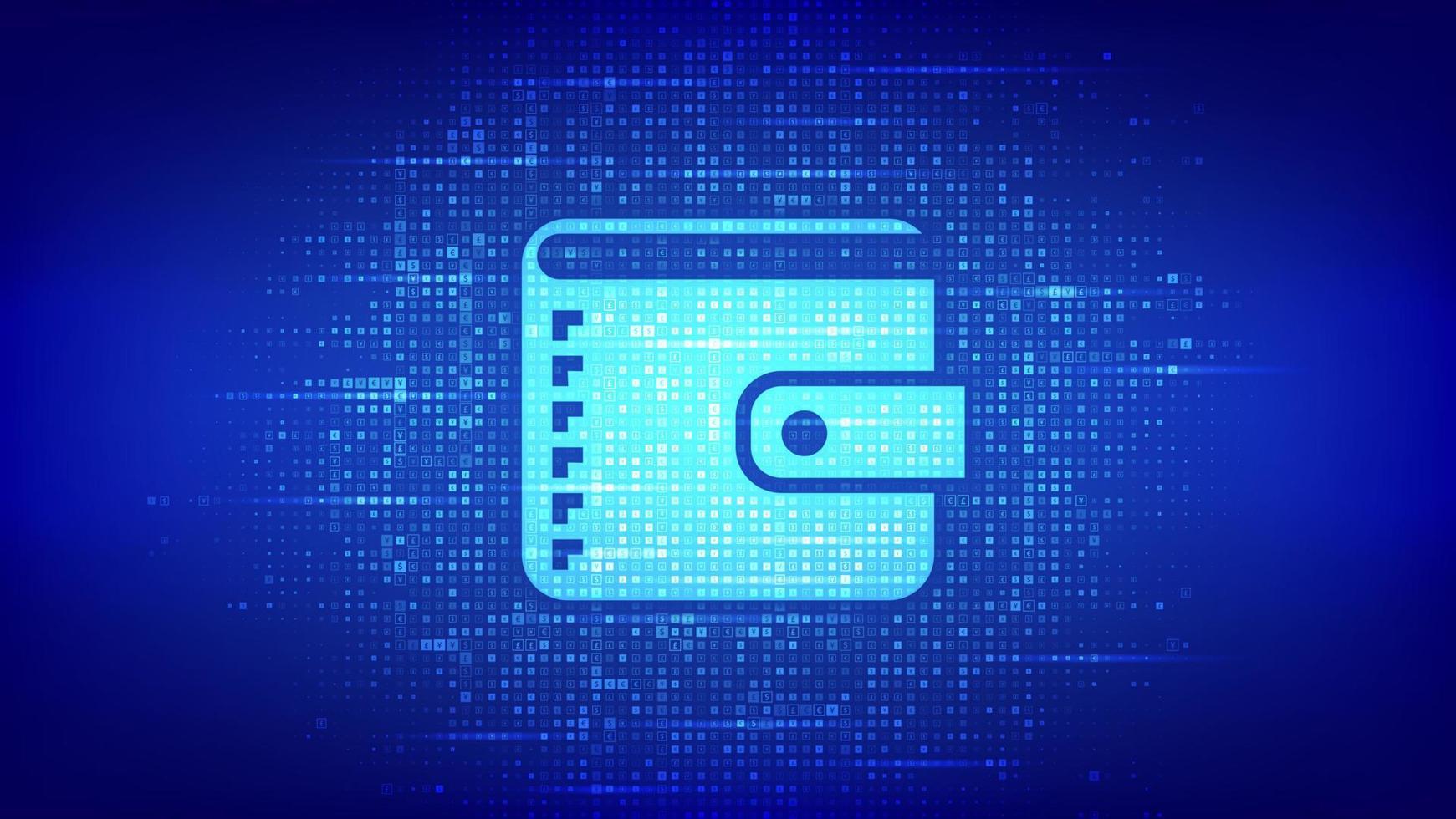 portefeuille numérique. icône de portefeuille faite avec des symboles monétaires. banque mobile, finance en ligne, bannière de commerce électronique. icônes dollar, euro, yen et livre sterling. fond avec des signes monétaires. illustration vectorielle. vecteur