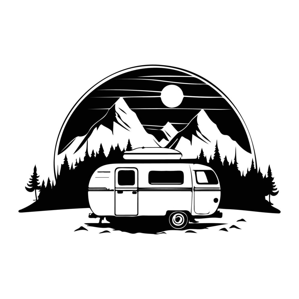 campeur camp camping site avec montagnes et arbre, camping dans le les bois, site de camp avec bande annonce paysage dans rétro style, svg déposer. vecteur