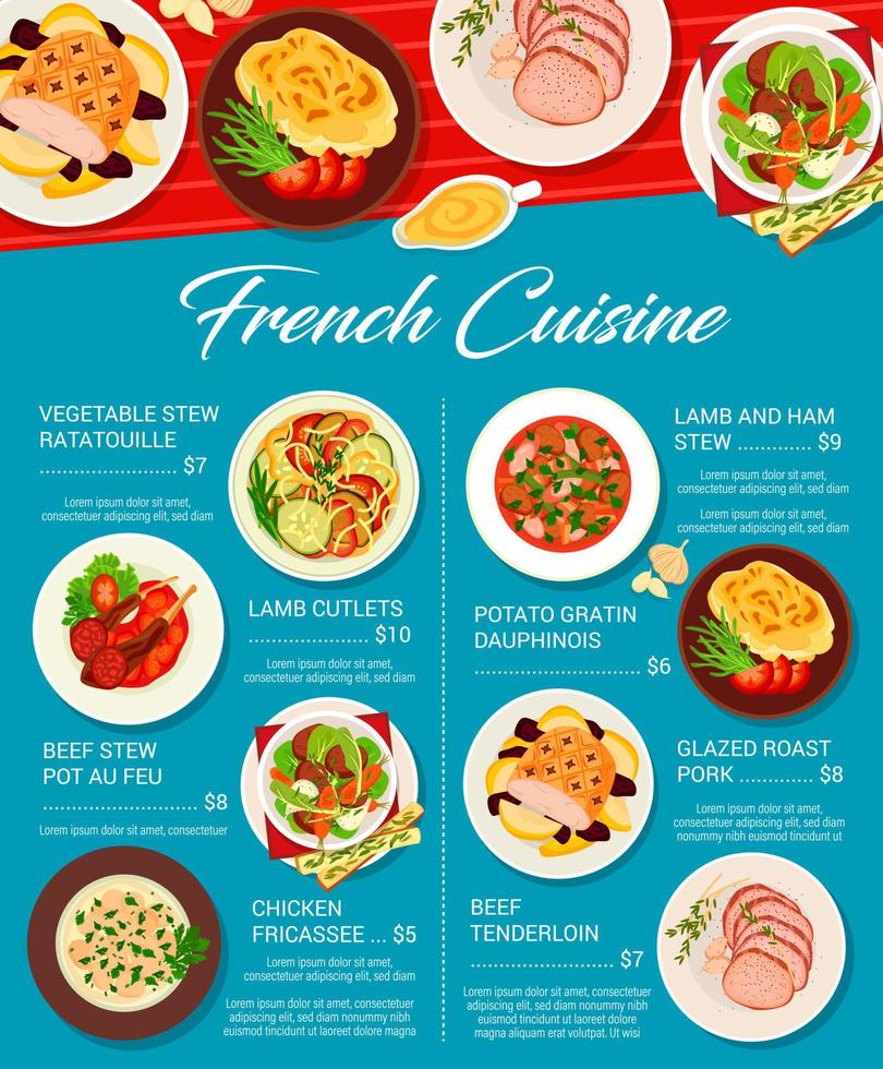 français cuisine nourriture menu page vecteur modèle