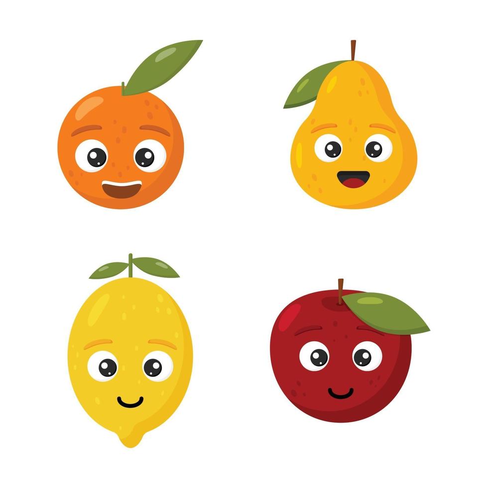 définir des fruits de dessin animé. heureux mignon citron, pomme, orange et poire pour les enfants isolés sur fond blanc. vecteur