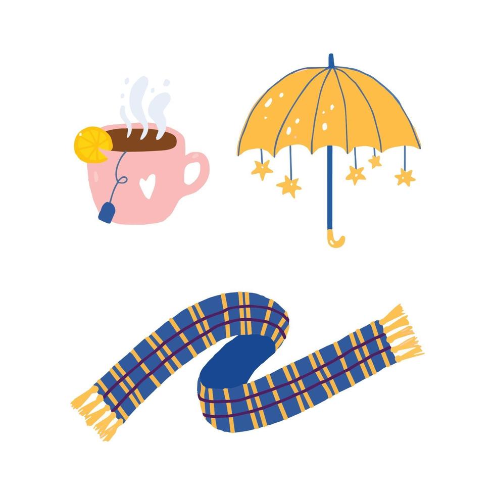 parapluie mignon jaune dessiné à la main avec des étoiles, tasse de thé avec sac et citron, écharpe à carreaux. vecteur