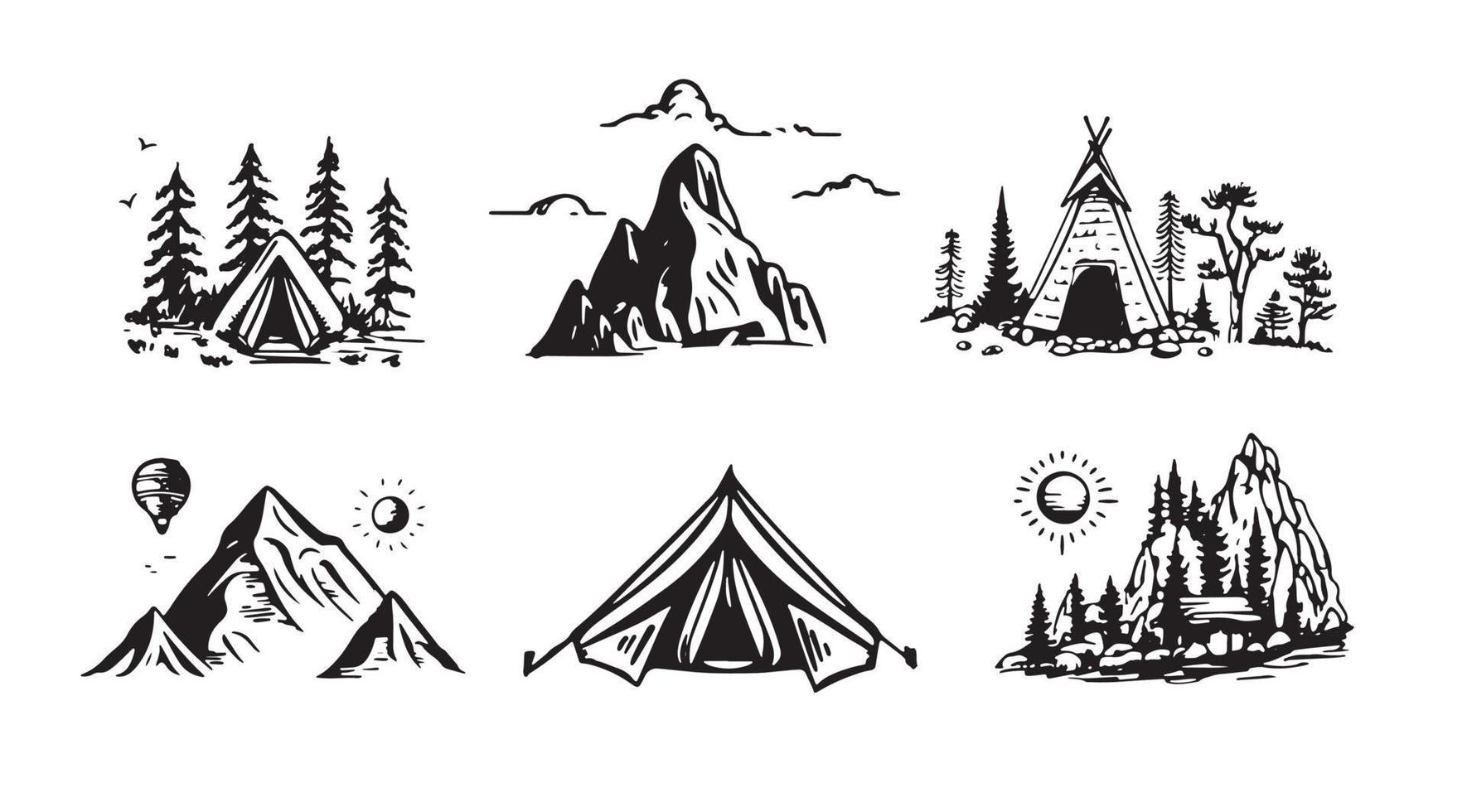 camping ensemble, Montagne paysage, main tiré style, vecteur illustration.