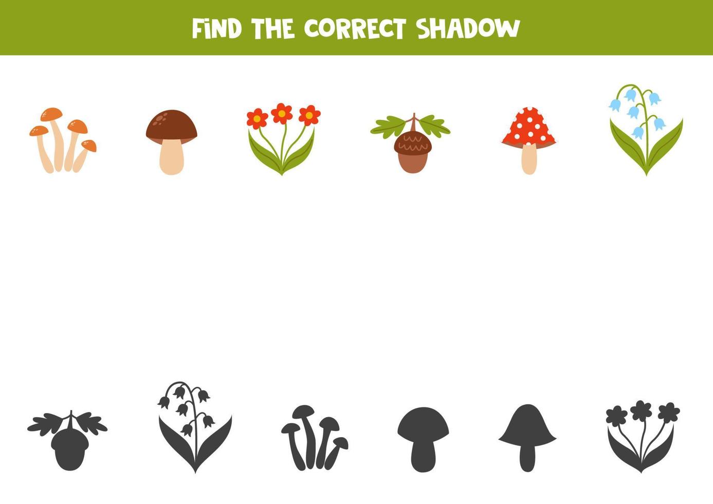 trouver le correct ombres de mignonne forêt éléments. logique puzzle pour enfants. vecteur