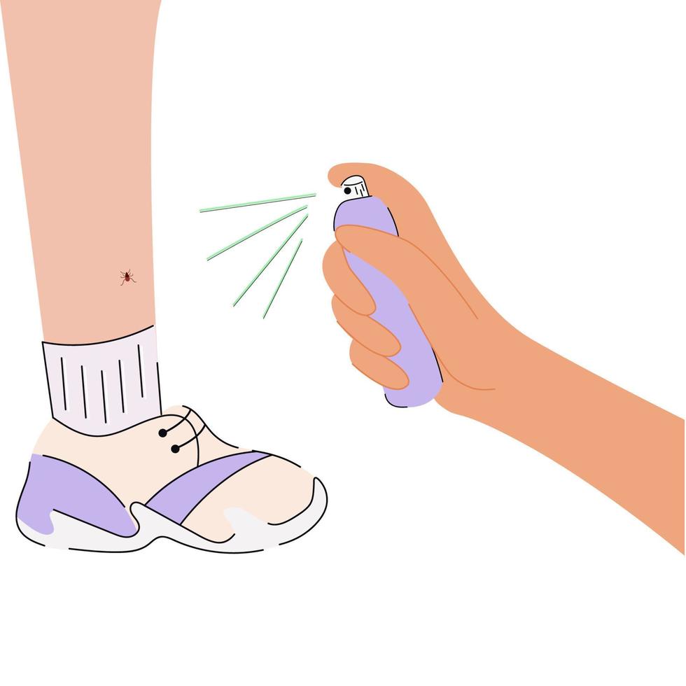 le Humain jambe avec le cocher mordre. protection contre moustiques, tiques et autre insectes. aérosol à prévenir insecte morsures. soins de santé illustration. vecteur