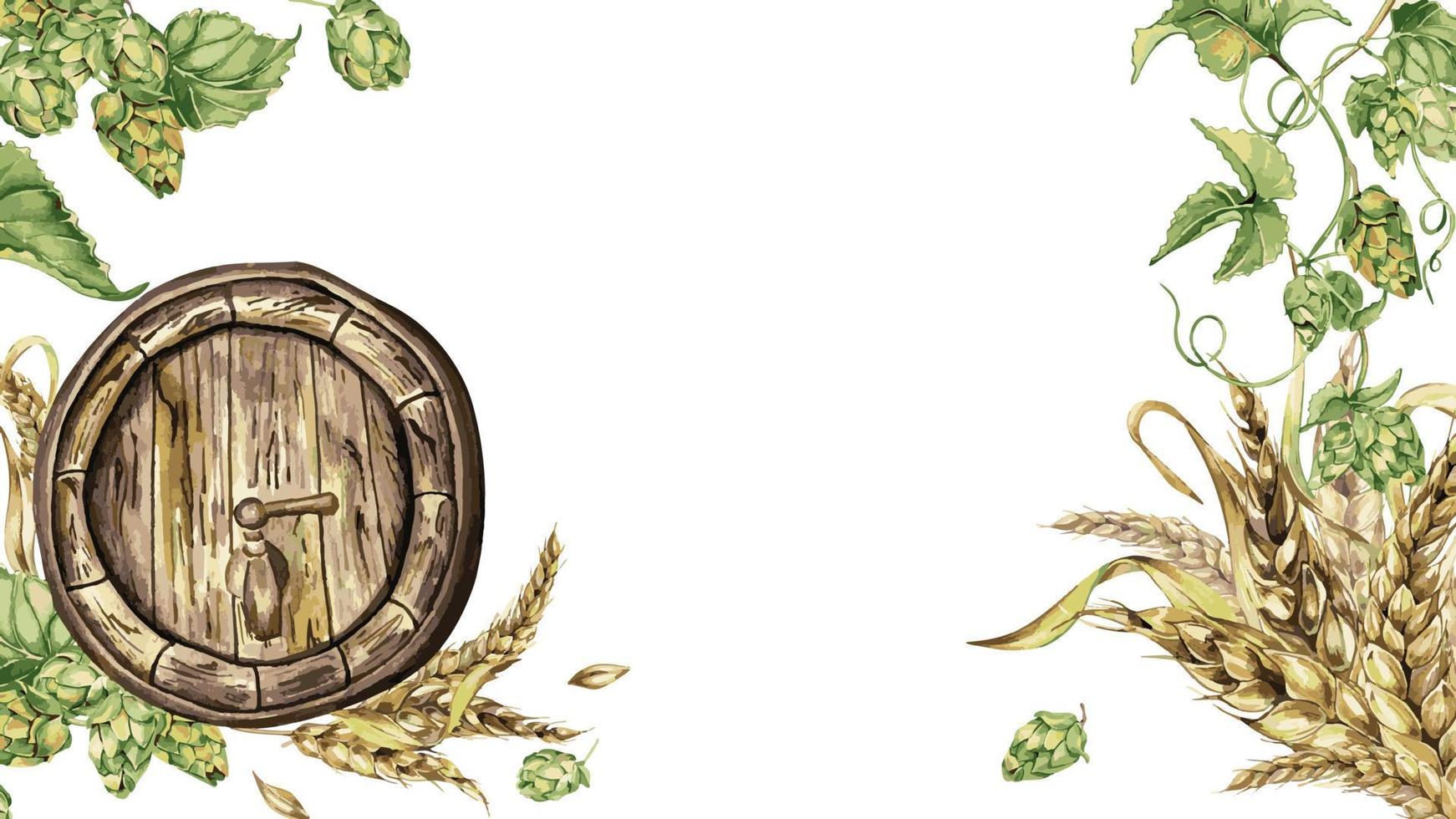 en bois Bière baril et saut vigne, blé oreille aquarelle illustration isolé sur blanche. vecteur