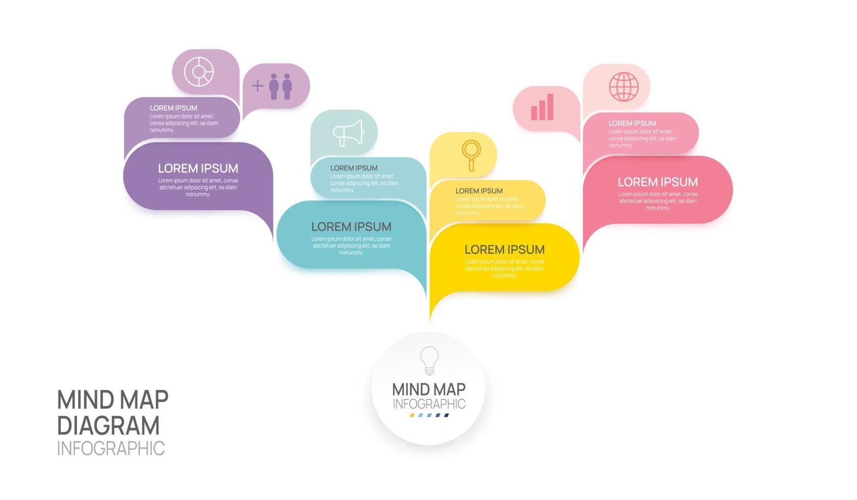 infographie carte mentale modèle pour entreprise. 4 pas moderne esprit carte diagramme, Étape importante présentation vecteur infographie.