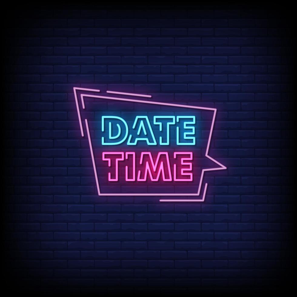 date heure signe au néon style vecteur de texte