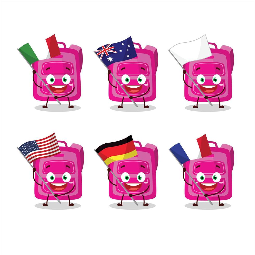 rose école sac dessin animé personnage apporter le drapeaux de divers des pays vecteur