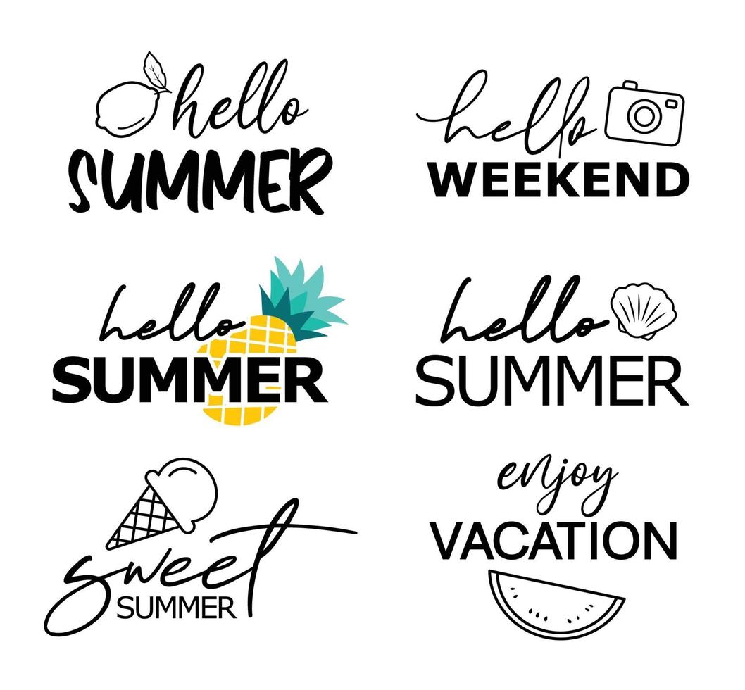 bonjour ensemble de lettrage dessiné à la main de l'été. typographie d'été pour t-shirt design, tasse, carte de voeux. vecteur