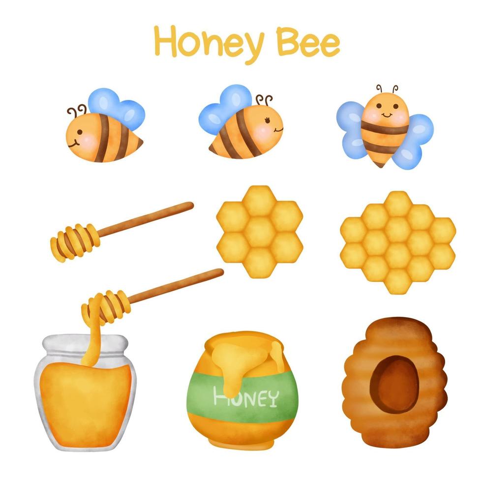 ensemble de miel et abeille aquarelle. vecteur