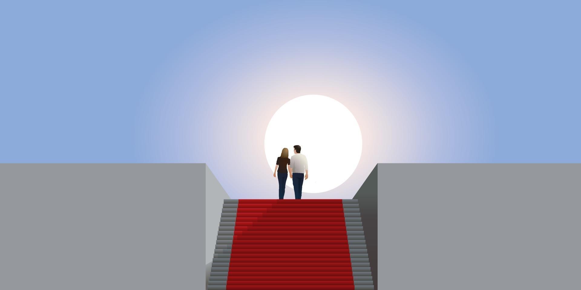 un couple monte un escalier avec un tapis rouge vecteur