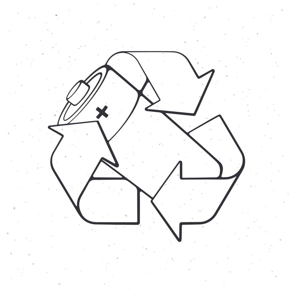 recyclage symbole avec utilisé alcalin batterie à l'intérieur. contour. vecteur illustration. problèmes de déchets traitement, écologie et économie le Terre. main tiré esquisser. isolé blanc Contexte