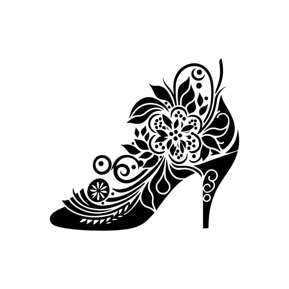 élégant haute talon chaussure silhouette ouvré avec floral motifs. monochrome vecteur illustration parfait pour mode, chaussure magasin, beauté, et en relation conceptions.