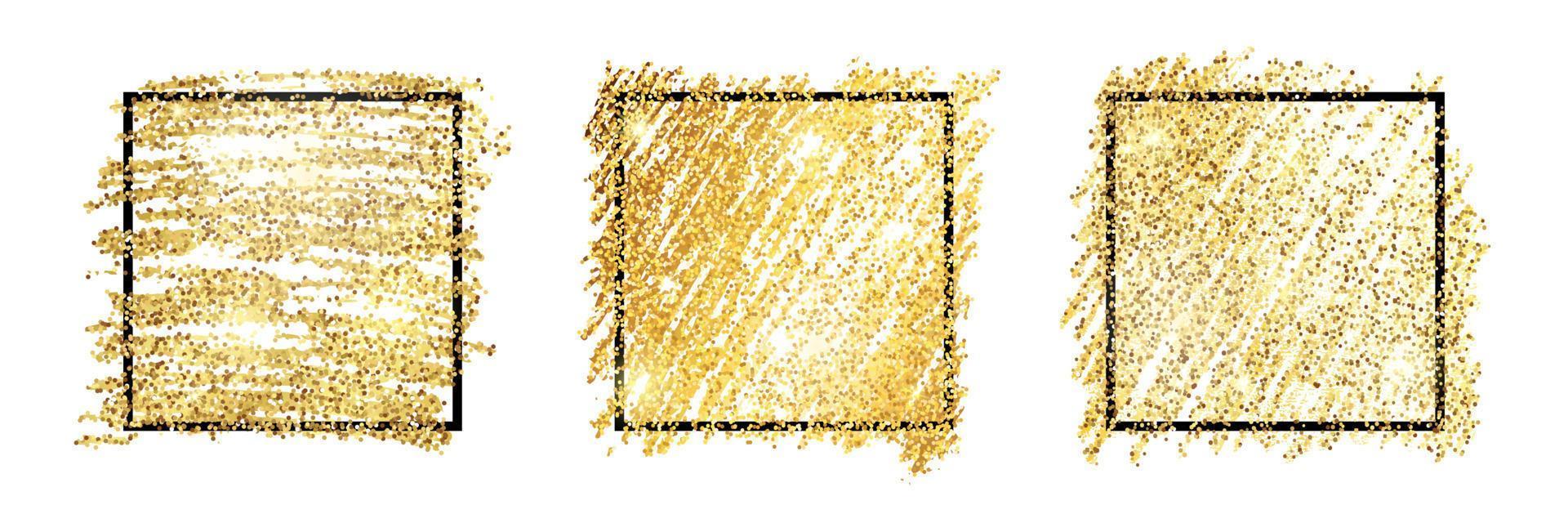ensemble de Trois d'or peindre étincelant décors avec noir carré cadres sur une blanc Contexte. Contexte avec or scintille et briller effet. vide espace pour votre texte. vecteur illustration