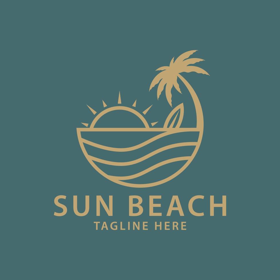 élégant branché Soleil le coucher du soleil avec océan mer plage l'eau logo et noix de coco arbre vecteur icône dans tendance linéaire doubler, contour logo vecteur