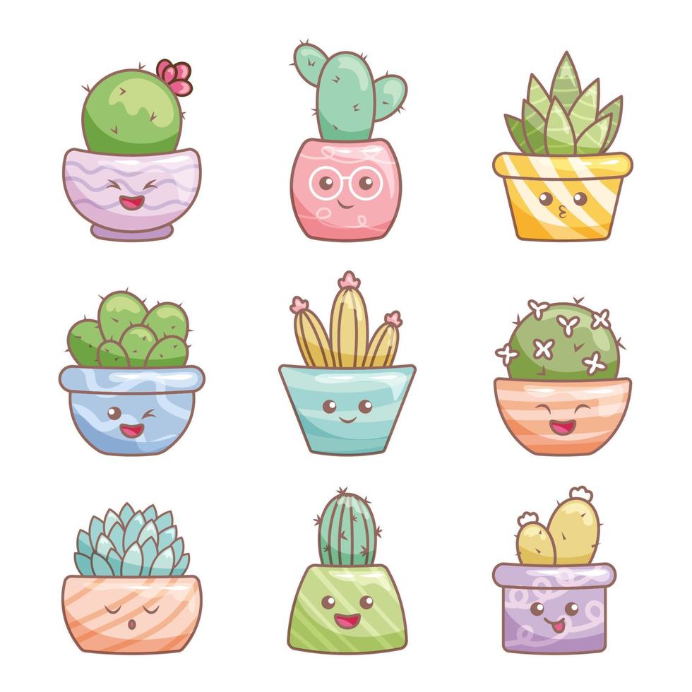 ensemble de cactus personnages dans pots de fleurs. kawaii cactus avec fleurs et pointes, mignonne succulent collection, désert les plantes vecteur