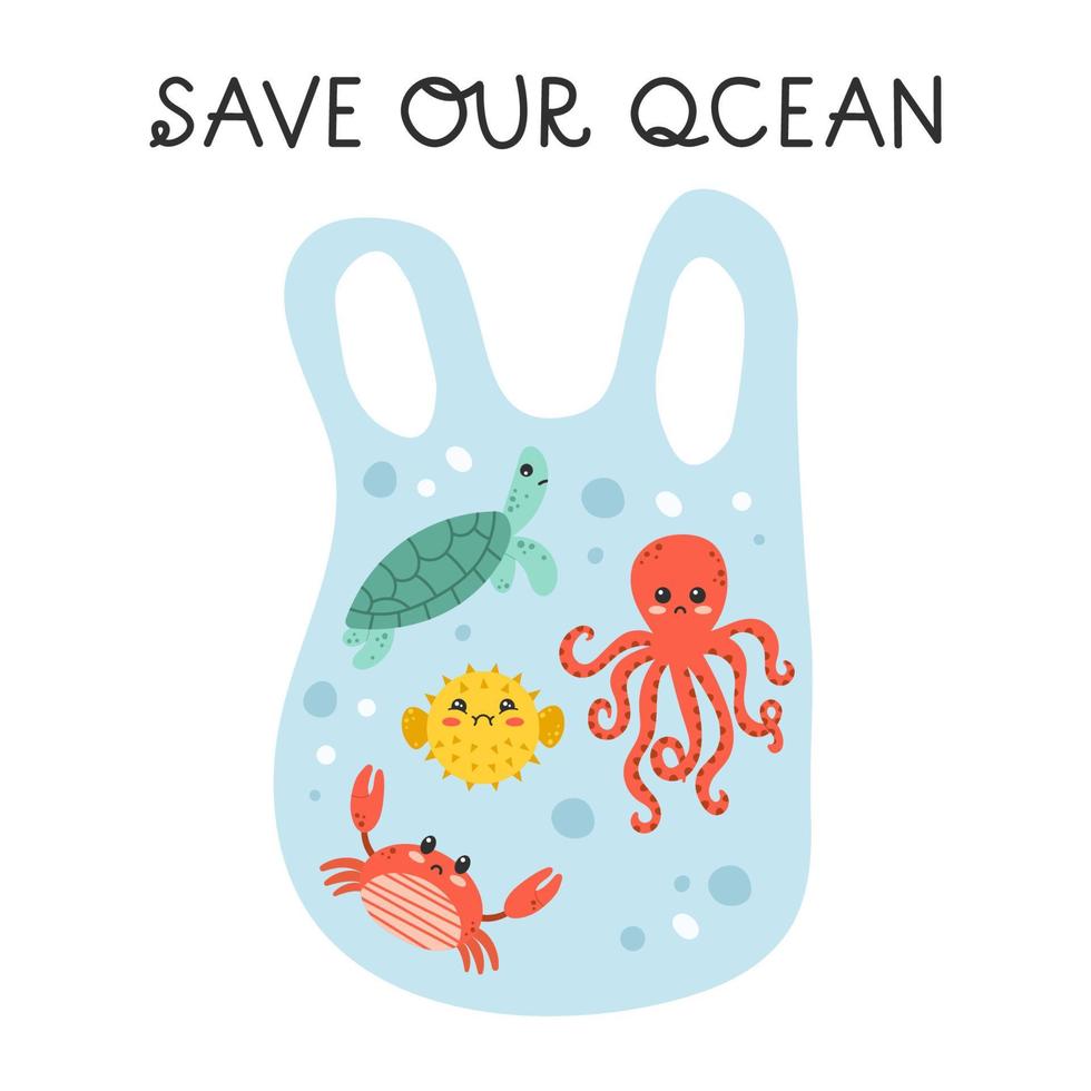 triste mer animaux dans Plastique sac. enregistrer notre océan main tiré caractères phrase. océan pollution. dessin animé vecteur illustration.