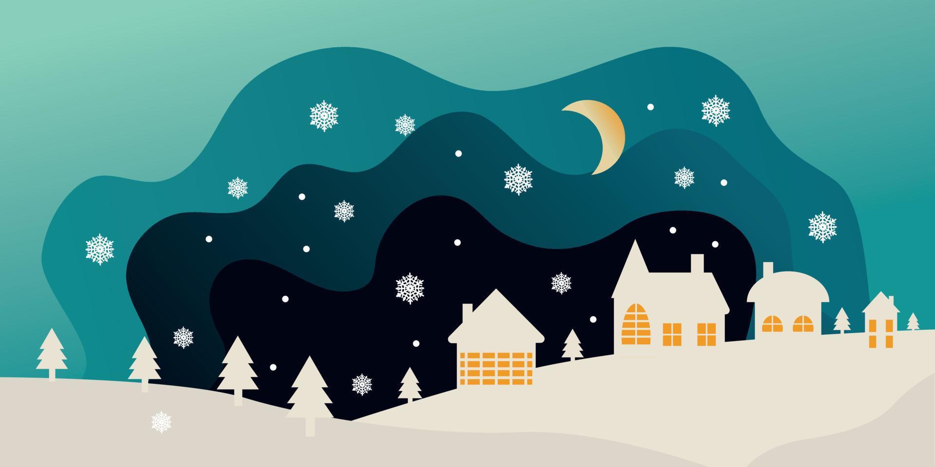 vecteur image carte postale joyeux Noël. hiver nuit paysage. Maisons dans le neige, Noël des arbres dans le neige.