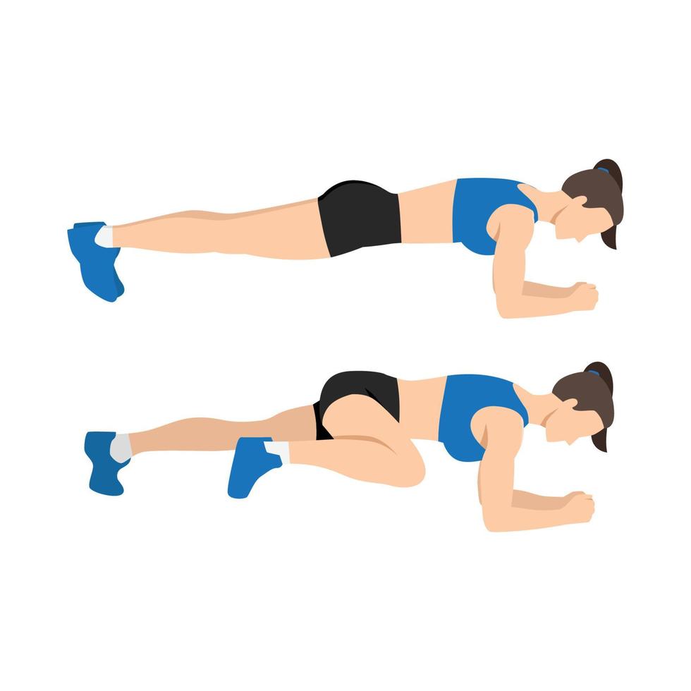 femme Faire abdominal exercice position introduction avec planche le genou à coude dans 2 étape pour guide. plat vecteur illustration isolé sur blanc Contexte