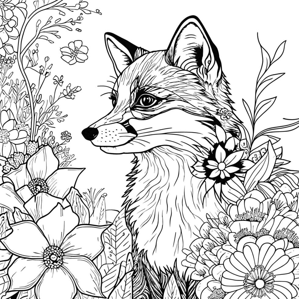 Renard coloration pages pour adultes fleur Renard sur une blanc Contexte vecteur