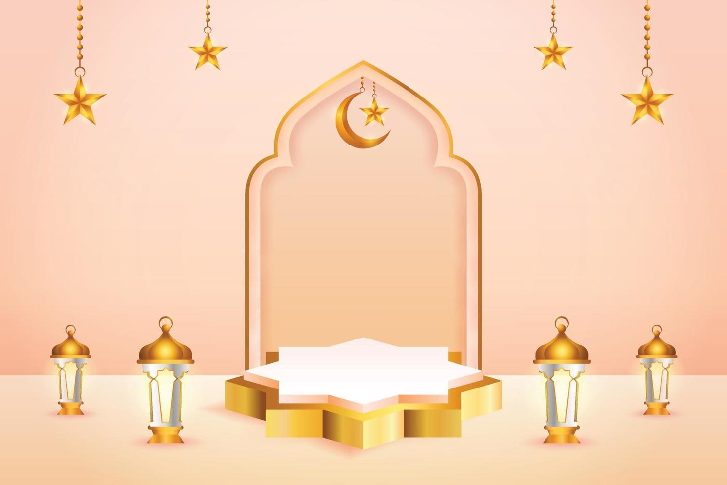 Affichage de produit 3D couleur pêche et or sur le thème du podium islamique avec croissant de lune, lanterne et étoile pour le ramadan vecteur