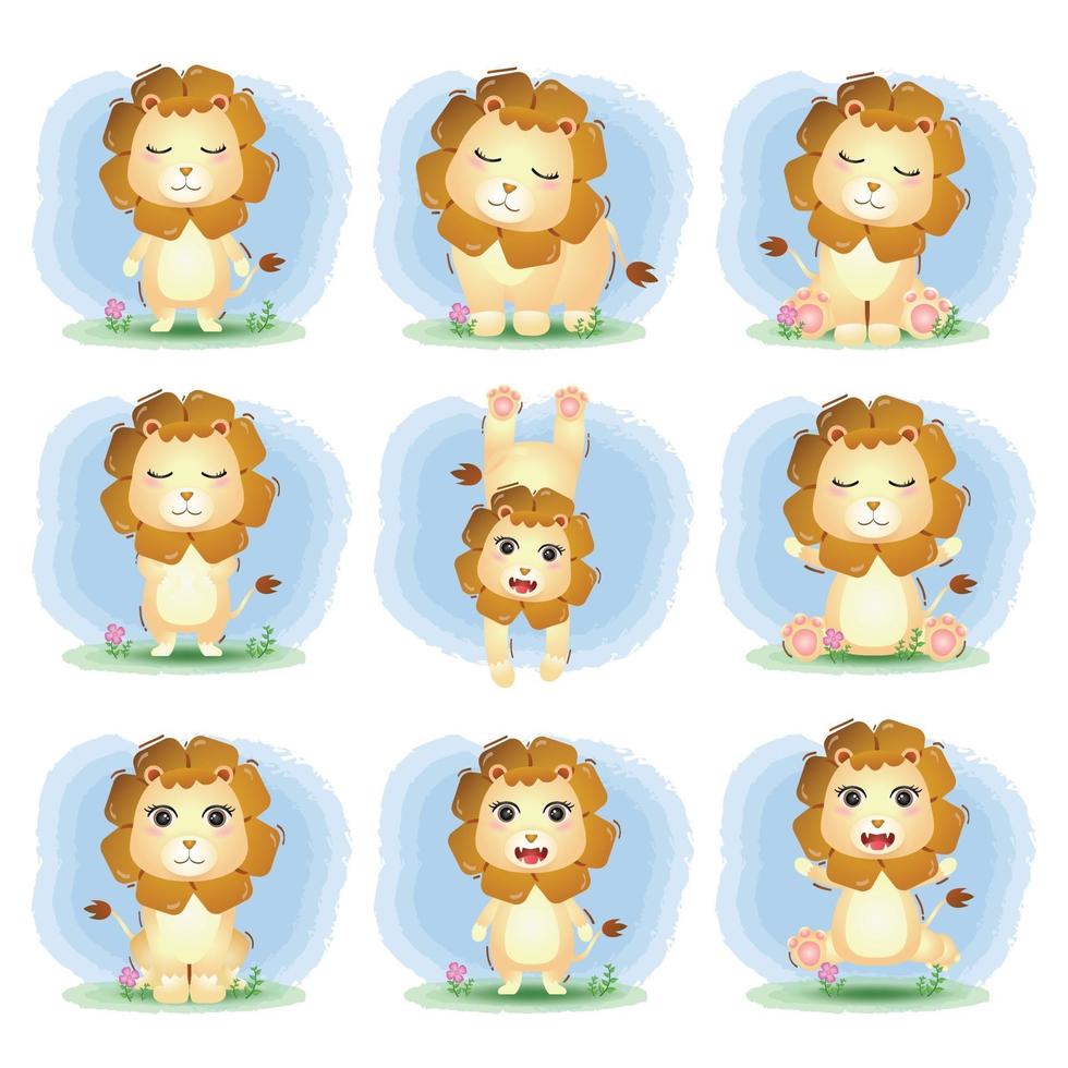 jolie collection de lion dans le style des enfants vecteur