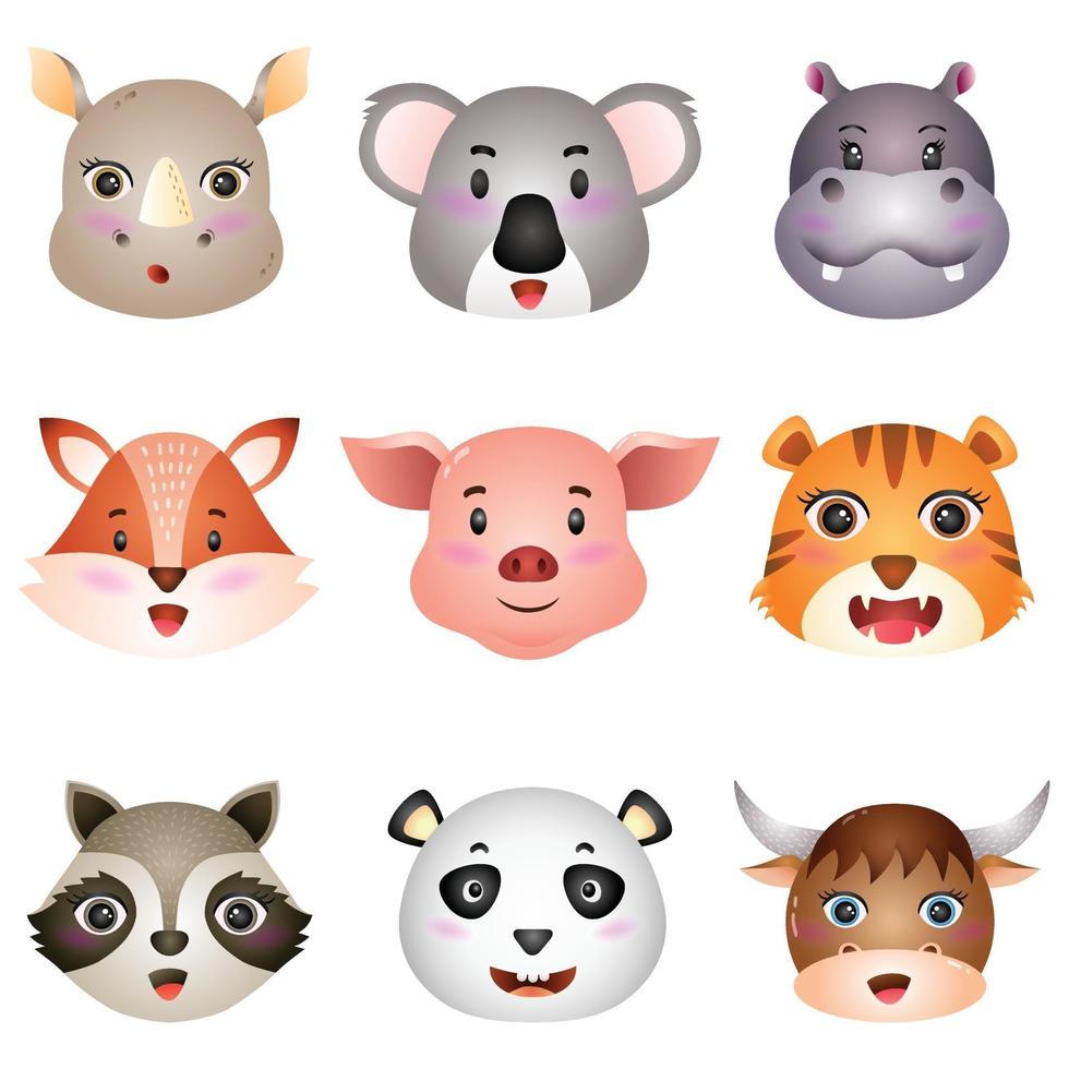 têtes d'animaux mignons, rhinocéros, koala, hippopotame, renard, cochon, tigre, raton laveur, panda et buffle vecteur