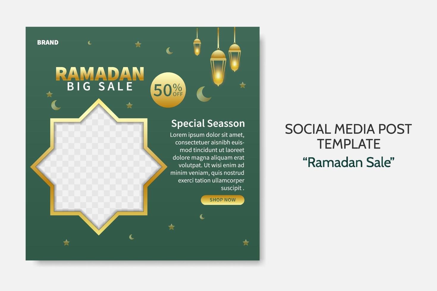 modèle de publication de médias sociaux de vente de ramadan. Bannière Web publicitaire avec un style de couleur verte et dorée pour carte de voeux, bon, événement islamique. vecteur modifiable