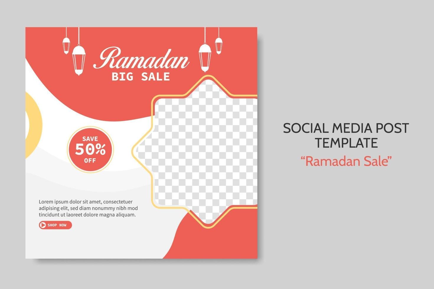 modèle de publication de médias sociaux de vente de ramadan. Bannière Web publicitaire avec un style de couleur rouge et or pour carte de voeux, bon, événement islamique. vecteur