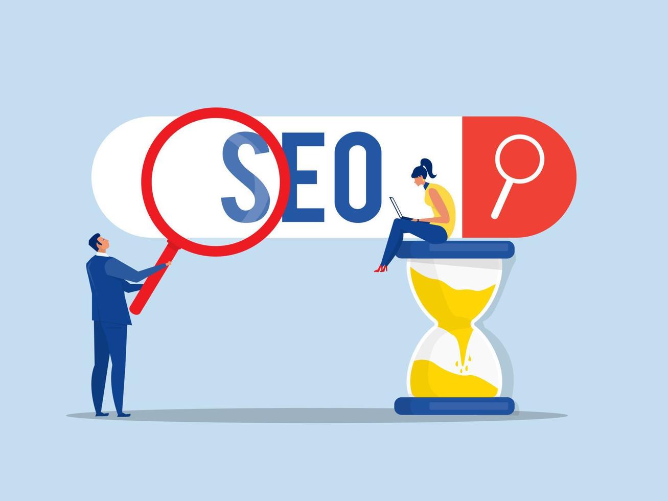 affaires gens en utilisant grossissant verre recherche seo une analyse sur le chercher bar, référencement stratégies et commercialisation concept vecteur illustrateur.