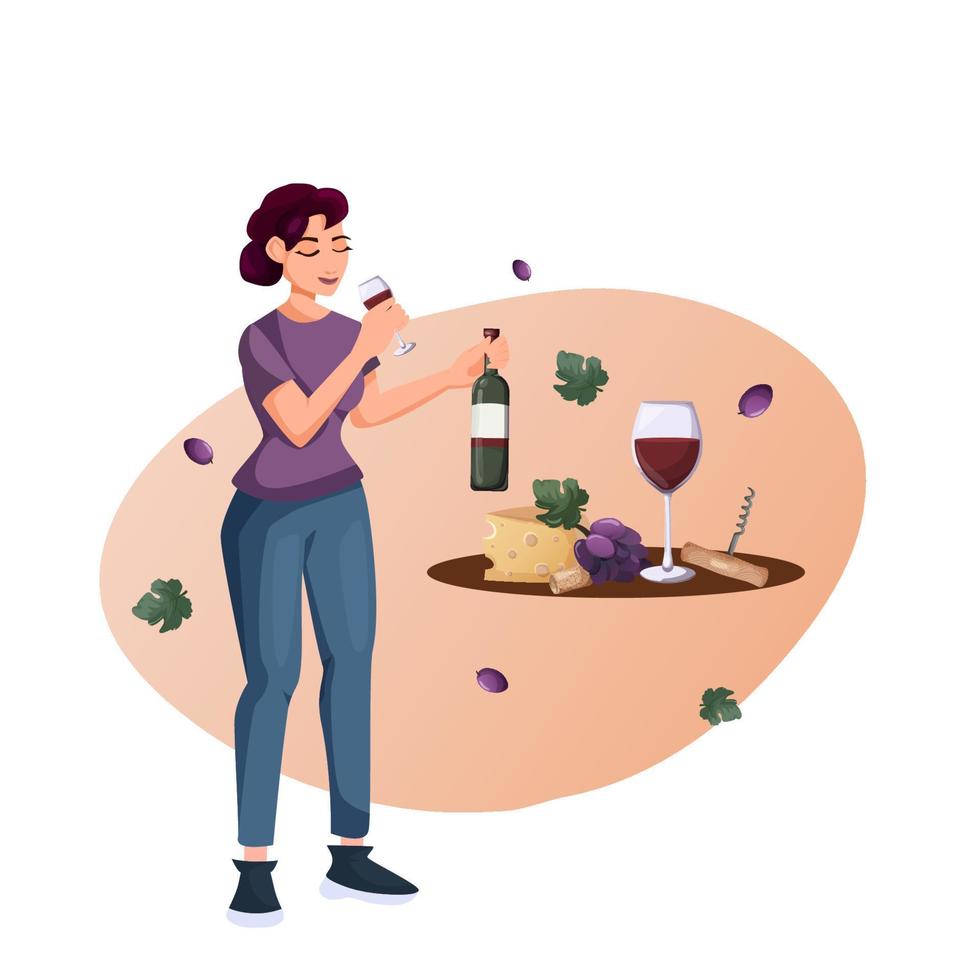 une Jeune femme est essai du vin et en portant une verre et bouteille de du vin. raisins, fromage, Liège, un tire-bouchon. vecteur