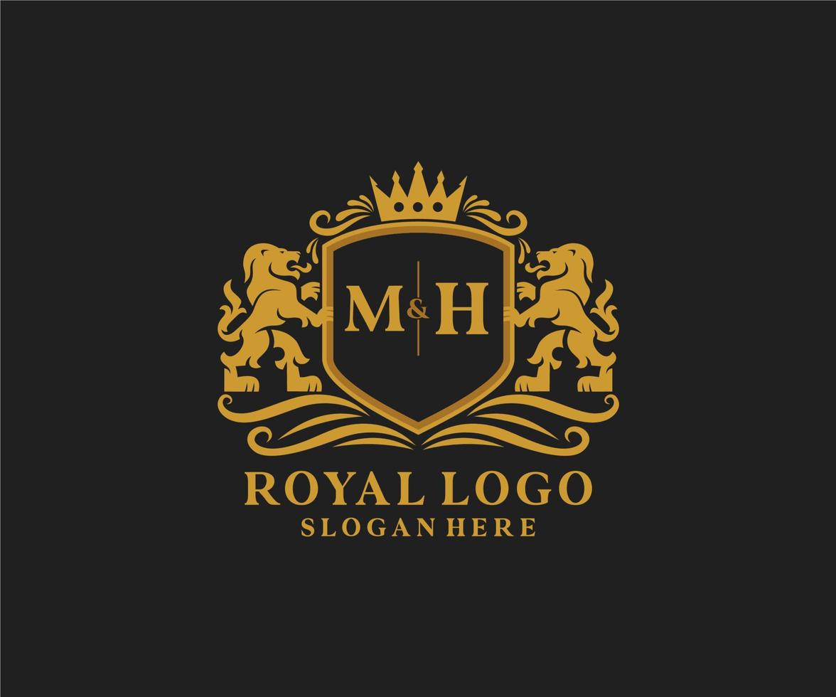 modèle de logo de luxe royal lion lettre initiale mh en art vectoriel pour restaurant, royauté, boutique, café, hôtel, héraldique, bijoux, mode et autres illustrations vectorielles.